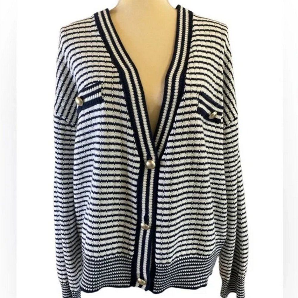 Navy and White Tahari Striped V-Neck Button-Front Knit Cardigan Sweater (NWT)
